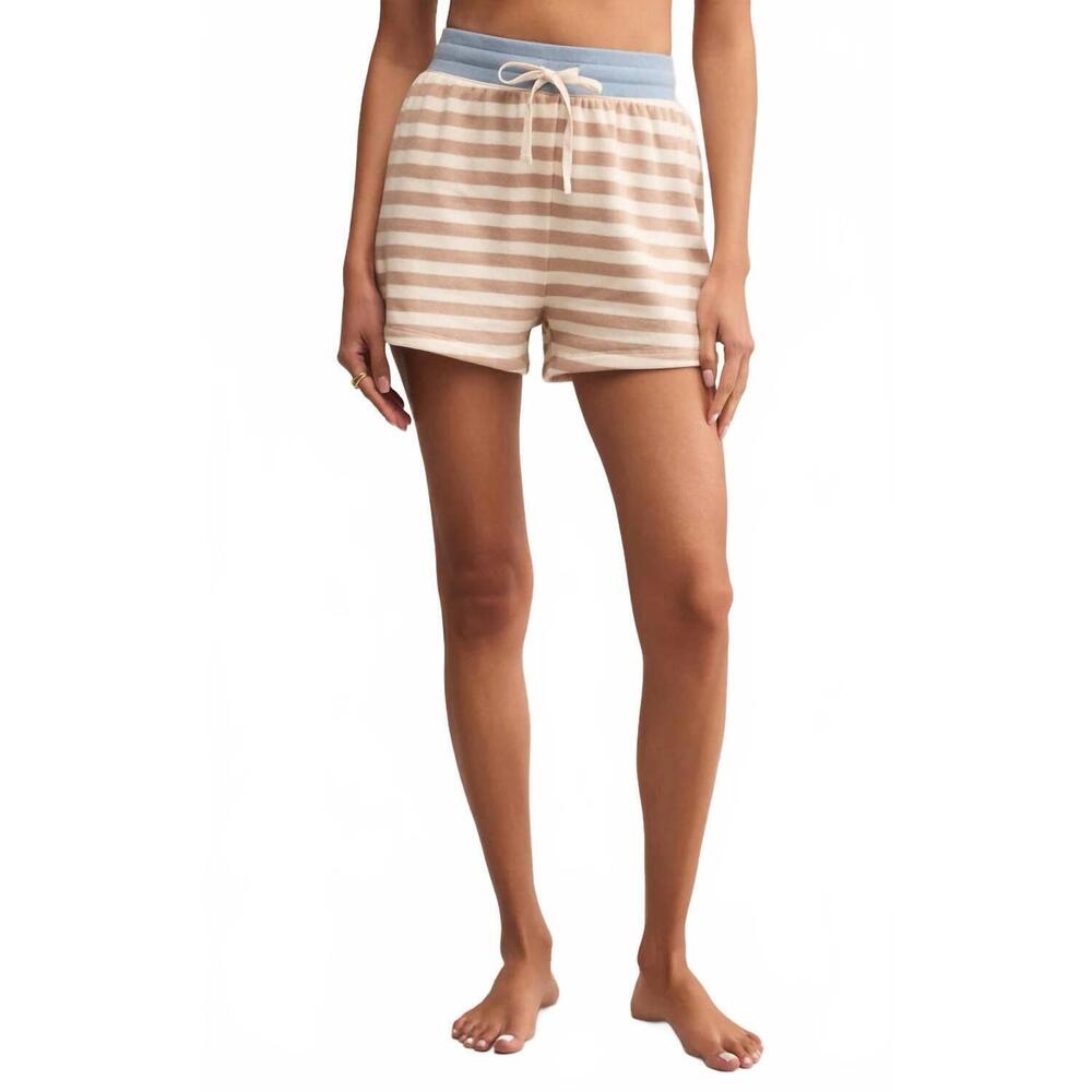 Z Supply Striped High Waist Lounge Shorts in Beige and Blue